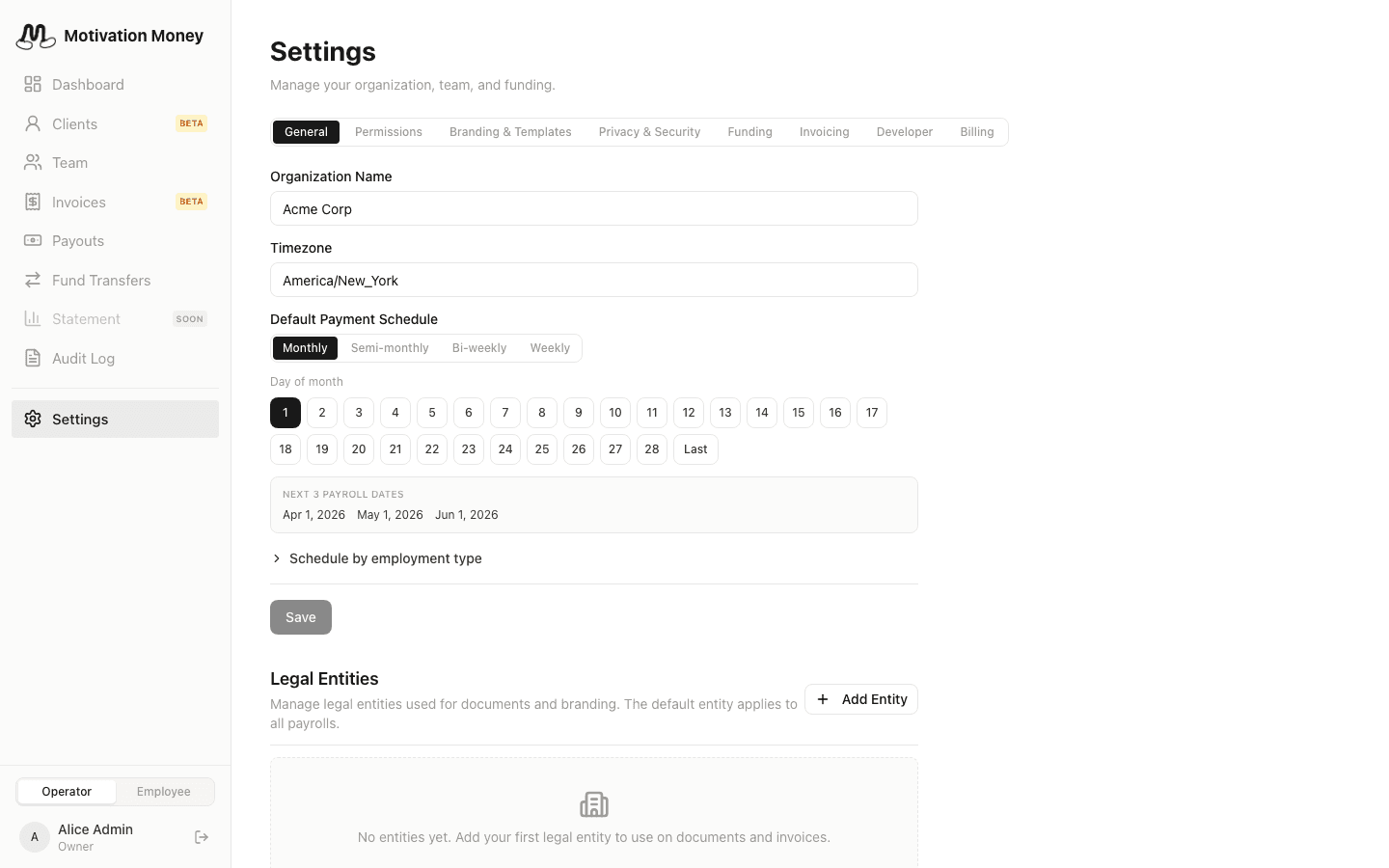 Settings — Entities